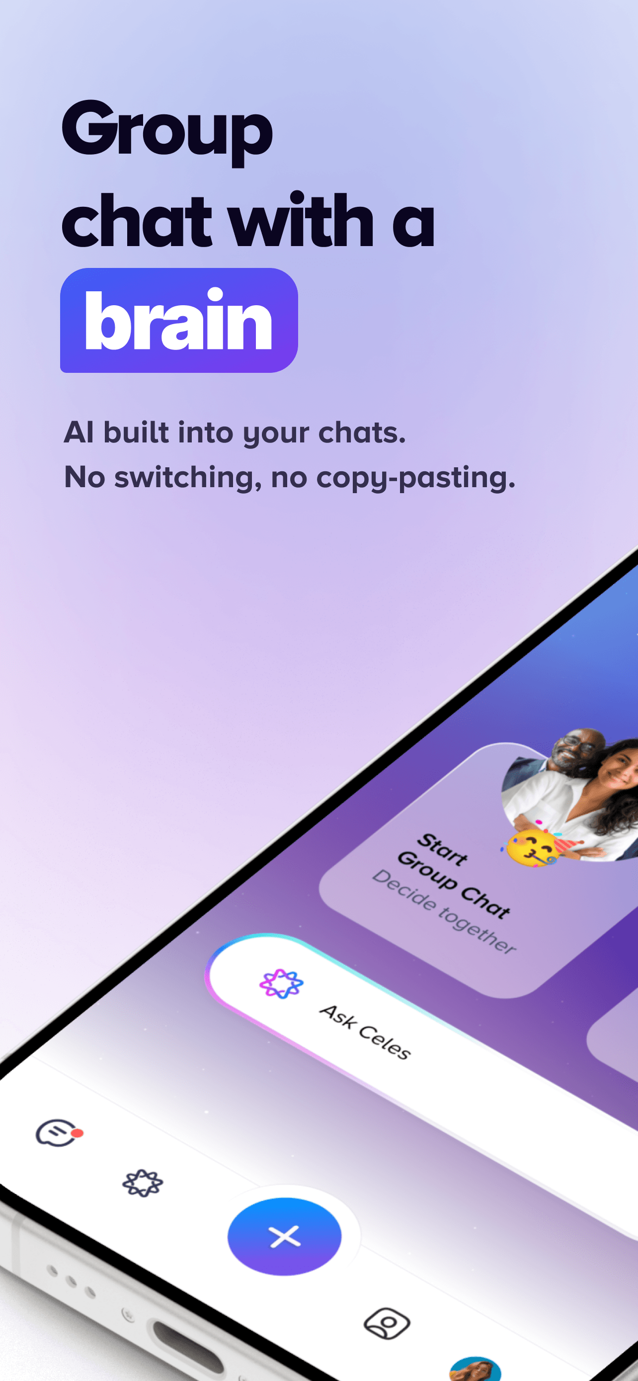 CelesChat app screenshot showing messaging with built-in AI